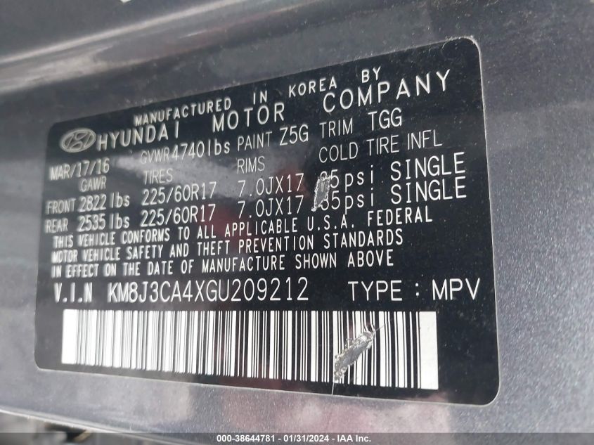 2016 HYUNDAI TUCSON LIMITED/SPORT AND ECO/SE - KM8J3CA4XGU209212