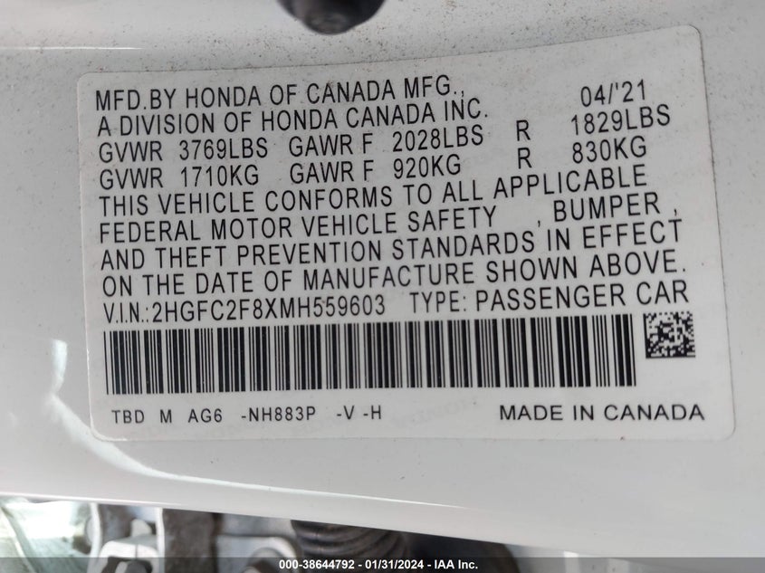 VIN 2HGFC2F8XMH559603 2021 HONDA CIVIC SPORT