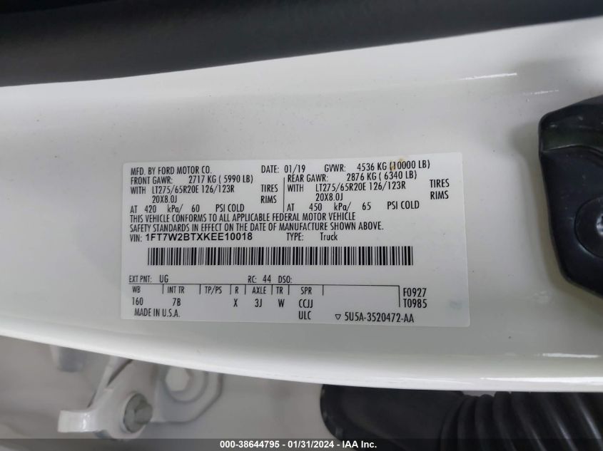 2019 FORD F-250 PLATINUM - 1FT7W2BTXKEE10018