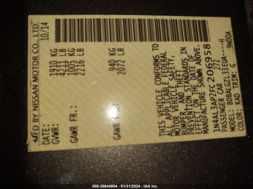 2015 NISSAN ALTIMA 2.5 S - 1N4AL3AP2FC206958