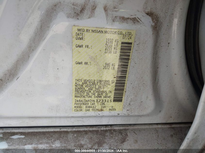 2015 NISSAN ALTIMA 2.5 S - 1N4AL3AP2FN323315