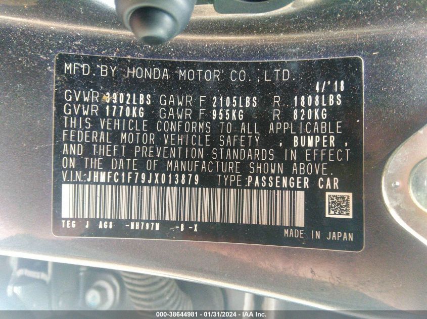 2018 HONDA CIVIC EXL - JHMFC1F79JX013879
