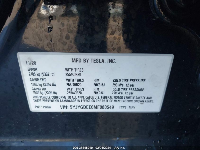 2021 TESLA MODEL Y - 5YJYGDEE6MF080549