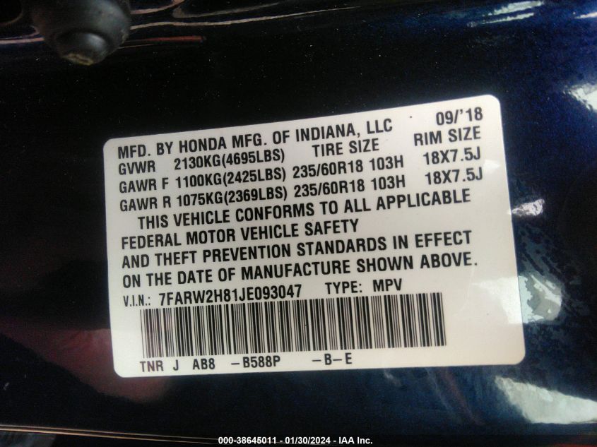 2018 HONDA CR-V EX-L/EX-L NAVI - 7FARW2H81JE093047