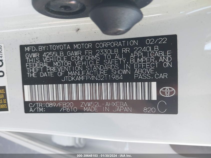 2022 TOYOTA PRIUS PRIME LE - JTDKAMFP4N3211984