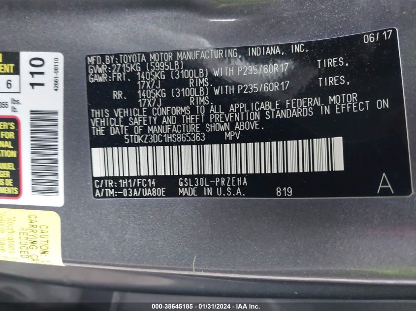 2017 TOYOTA SIENNA LE 7 PASSENGER/LE 8 PASSENGER - 5TDKZ3DC1HS865363