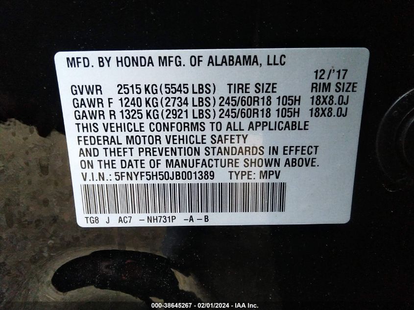 2018 HONDA PILOT EXL - 5FNYF5H50JB001389