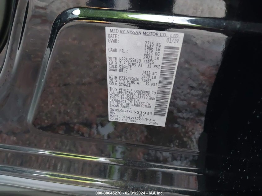VIN 5N1DL0MN4KC551933 2019 INFINITI QX60 LUXE