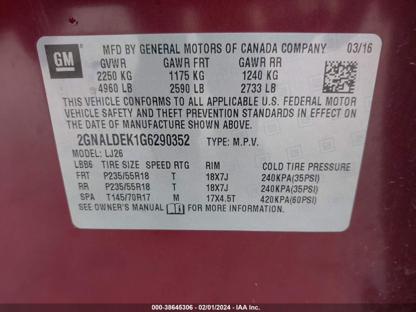 2016 CHEVROLET EQUINOX LTZ - 2GNALDEK1G6290352