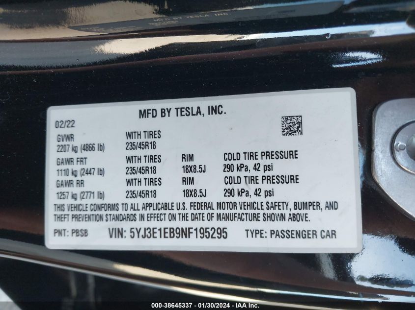 2022 TESLA MODEL 3 LONG RANGE DUAL MOTOR ALL-WHEEL DRIVE - 5YJ3E1EB9NF195295