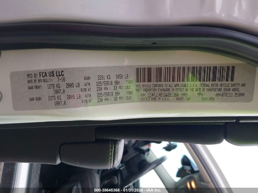 2016 JEEP CHEROKEE ALTITUDE - 1C4PJLAB1GW351360