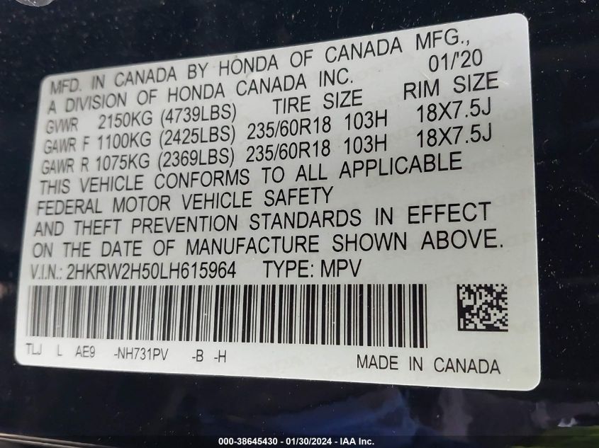 2020 HONDA CR-V AWD EX - 2HKRW2H50LH615964