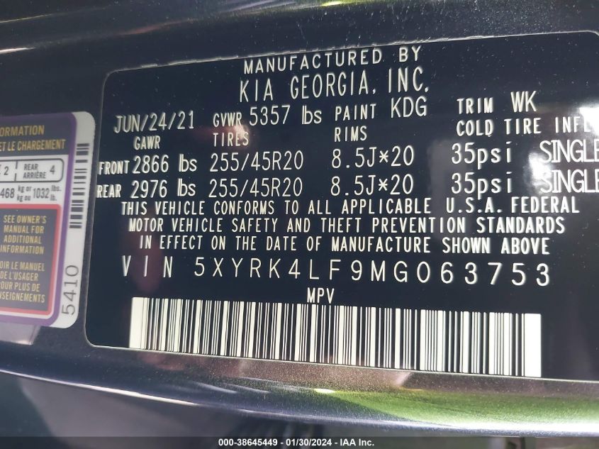 2021 KIA SORENTO SX/SXP - 5XYRK4LF9MG063753