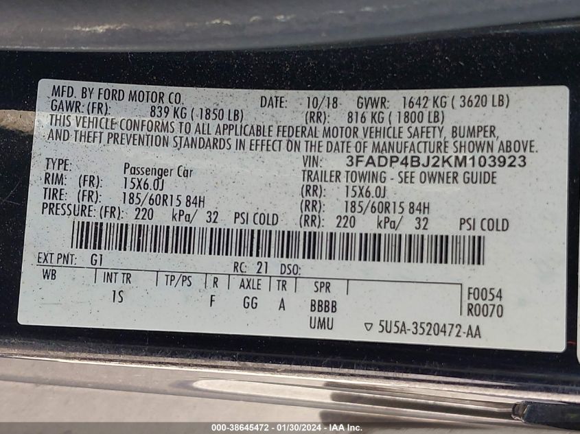 2019 FORD FIESTA SE - 3FADP4BJ2KM103923