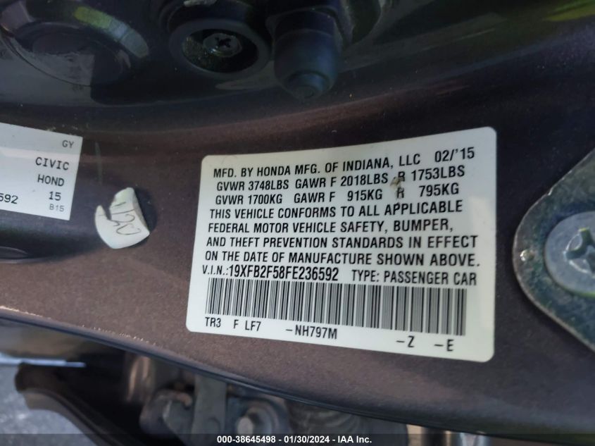 2015 HONDA CIVIC LX - 19XFB2F58FE236592