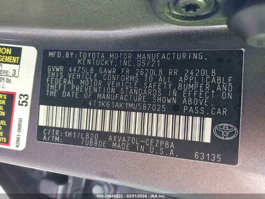 2021 TOYOTA CAMRY XSE - 4T1K61AK1MU587025