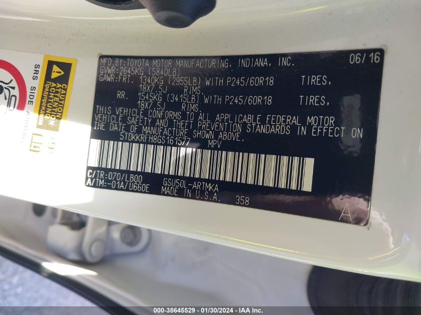 2016 TOYOTA HIGHLANDER XLE V6 - 5TDKKRFH8GS161577
