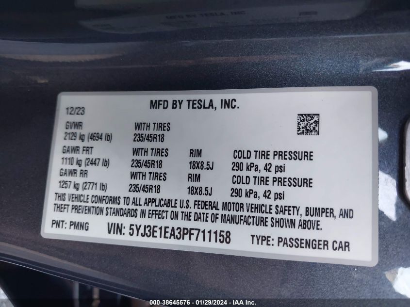 2023 TESLA MODEL 3 REAR-WHEEL DRIVE - 5YJ3E1EA3PF711158