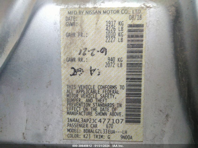 2018 NISSAN ALTIMA 2.5 S - 1N4AL3AP2JC477107