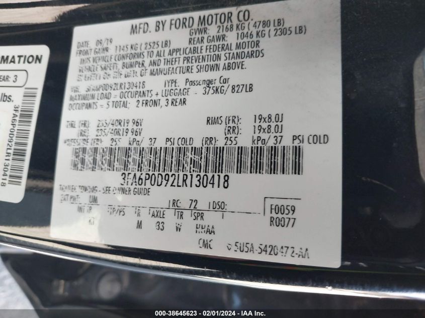 2020 FORD FUSION TITANIUM - 3FA6P0D92LR130418