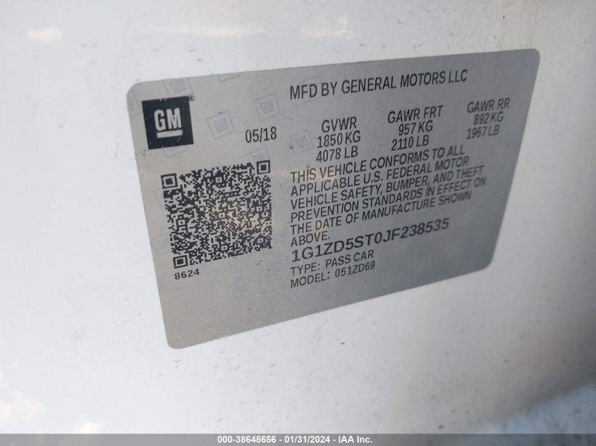 2018 CHEVROLET MALIBU LT - 1G1ZD5ST0JF238535