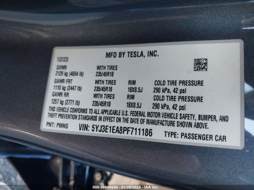 2023 TESLA MODEL 3 REAR-WHEEL DRIVE - 5YJ3E1EA8PF711186