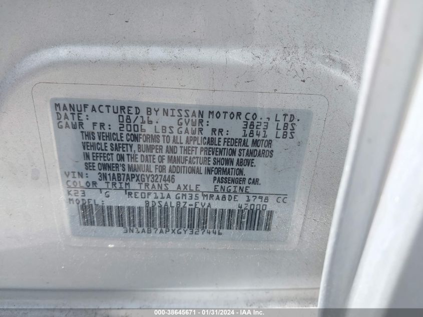 2016 NISSAN SENTRA S - 3N1AB7APXGY327446