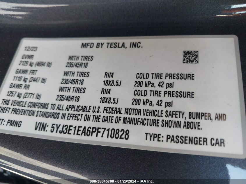 2023 TESLA MODEL 3 REAR-WHEEL DRIVE - 5YJ3E1EA6PF710828