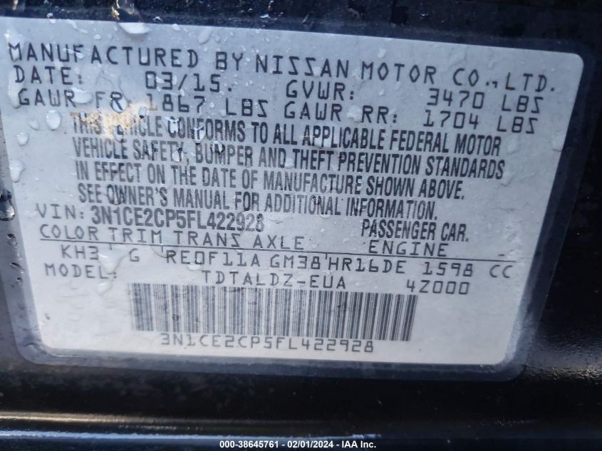 2015 NISSAN VERSA NOTE S/S PLUS/SV/SL/SR - 3N1CE2CP5FL422928