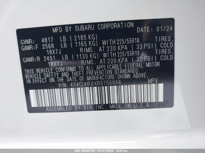 2024 SUBARU CROSSTREK SPORT - 4S4GUHF6XR3756066