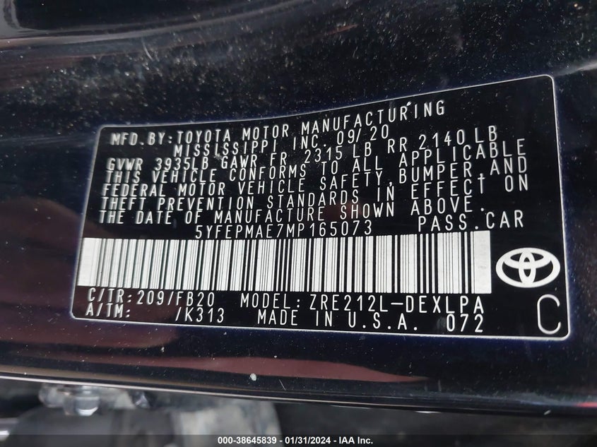 VIN 5YFEPMAE7MP165073 2021 TOYOTA COROLLA LE