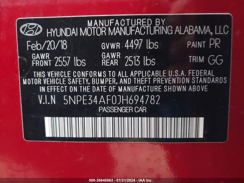 2018 HYUNDAI SONATA SPORT/LIMITED/SEL - 5NPE34AF0JH694782