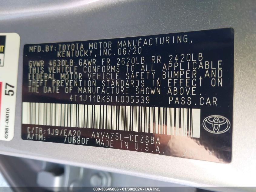2020 TOYOTA CAMRY SE AWD - 4T1J11BK6LU005539