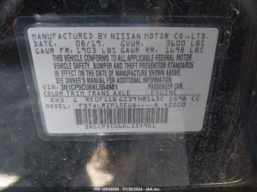2019 NISSAN KICKS S - 3N1CP5CU6KL554981