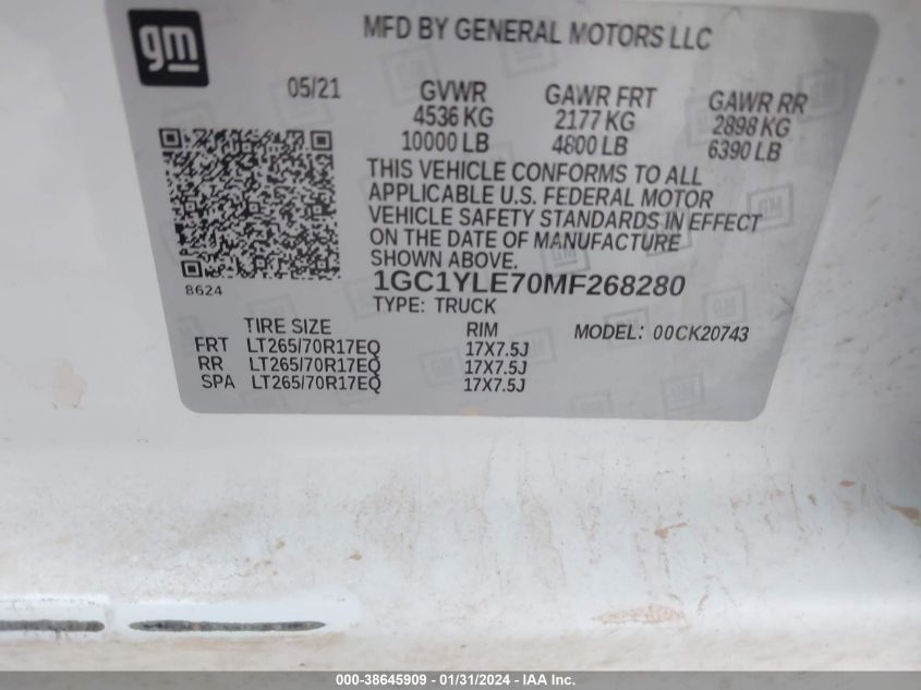 2021 CHEVROLET SILVERADO 2500HD 4WD  STANDARD BED WT - 1GC1YLE70MF268280