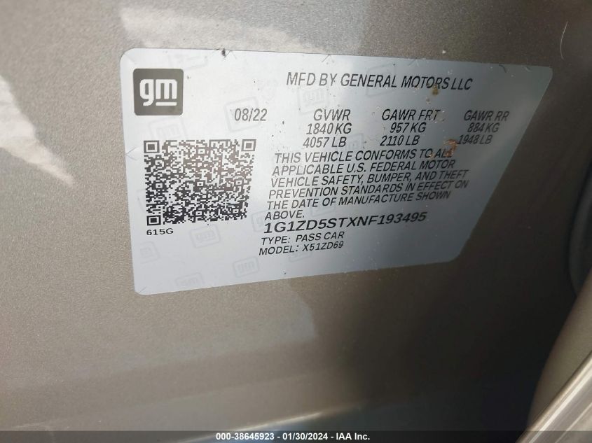2022 CHEVROLET MALIBU FWD LT - 1G1ZD5STXNF193495
