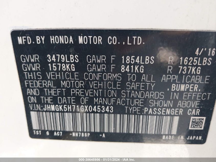 2016 HONDA FIT EX/EXL - JHMGK5H71GX045343