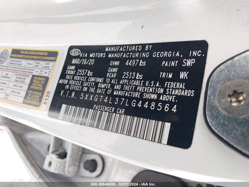 VIN 5XXGT4L37LG448564 2020 KIA OPTIMA LX/S/SE