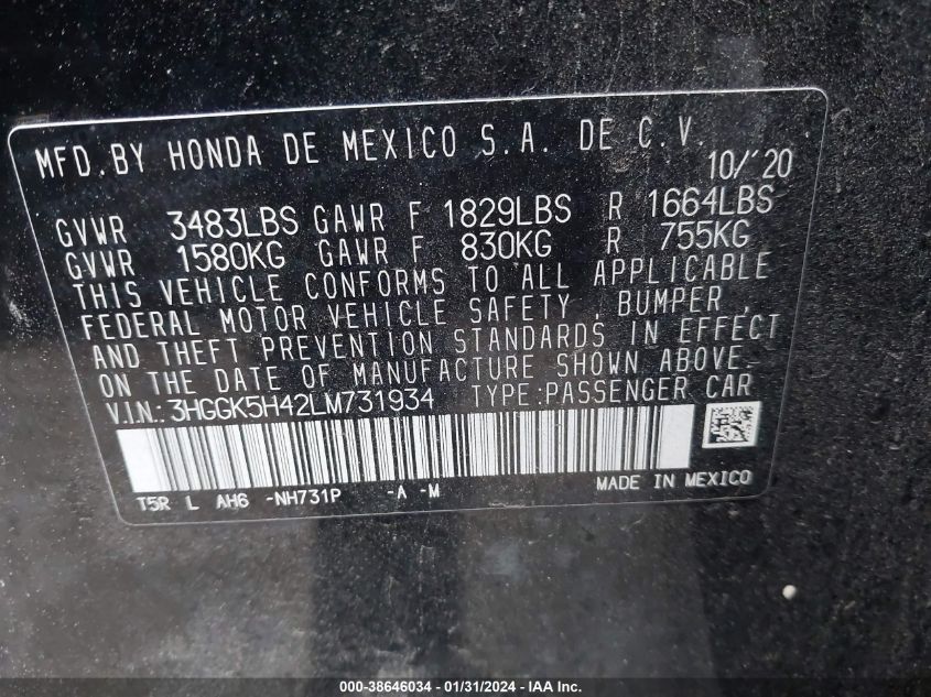 2020 HONDA FIT LX - 3HGGK5H42LM731934