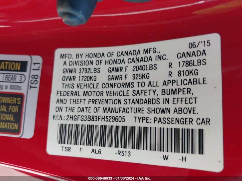 2015 HONDA CIVIC EX - 2HGFG3B83FH529605