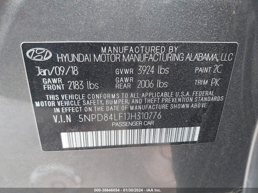 VIN 5NPD84LF1JH310776 2018 HYUNDAI ELANTRA SEL/VALUE/LIMITED