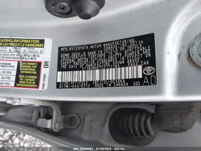 2014 TOYOTA COROLLA S PLUS - 2T1BURHE7EC172184