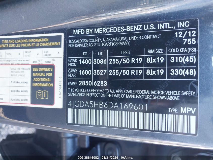 2013 MERCEDES-BENZ ML 350 4MATIC - 4JGDA5HB6DA169601