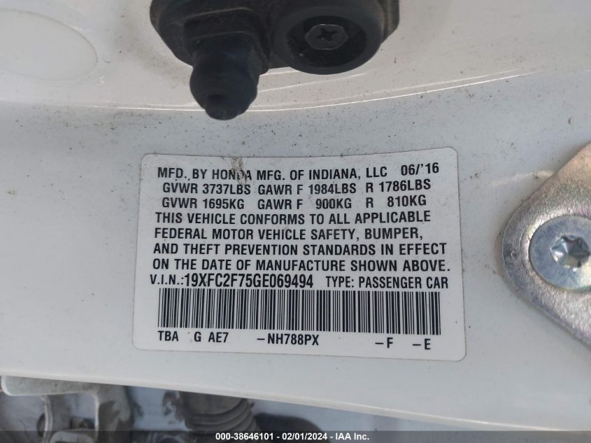 2016 HONDA CIVIC EX - 19XFC2F75GE069494