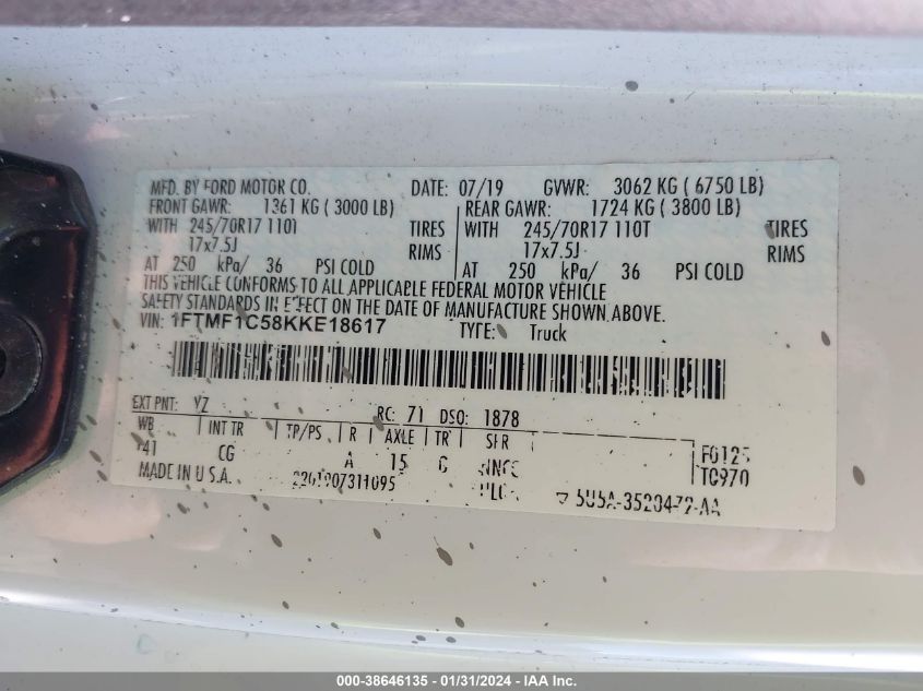2019 FORD F-150 XL - 1FTMF1C58KKE18617