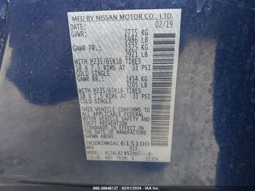 2019 NISSAN PATHFINDER S - 5N1DR2MN1KC615100