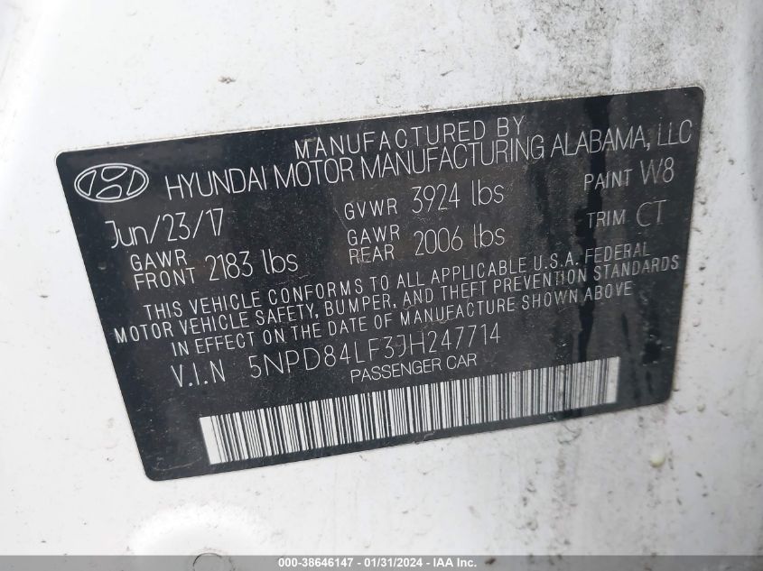 2018 HYUNDAI ELANTRA SEL/VALUE/LIMITED - 5NPD84LF3JH247714