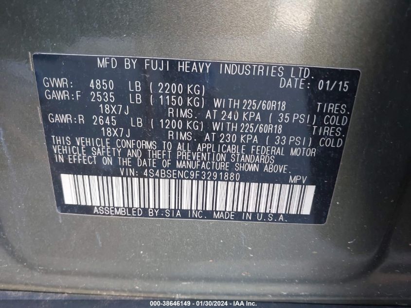2015 SUBARU OUTBACK 3.6R LIMITED - 4S4BSENC9F3291880