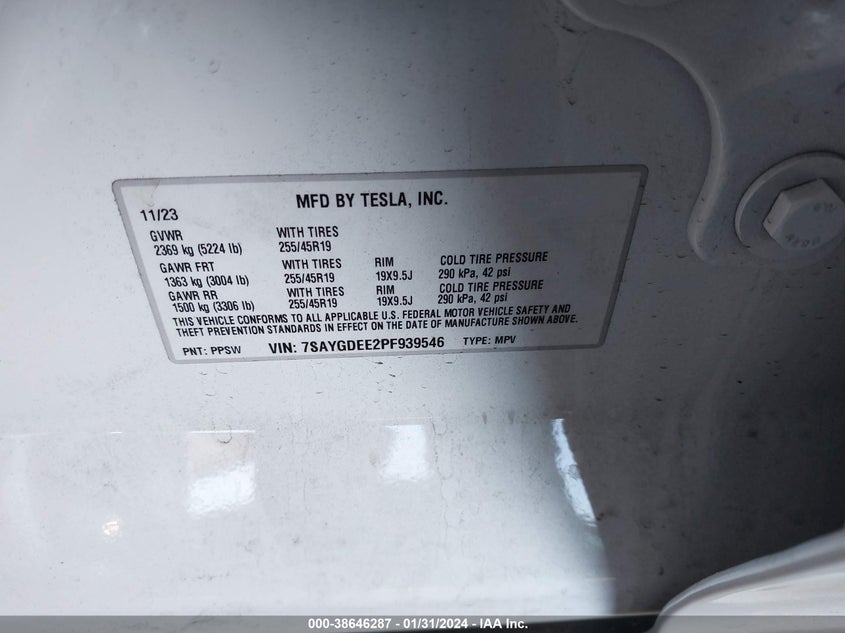 VIN 7SAYGDEE2PF939546 2023 TESLA MODEL Y