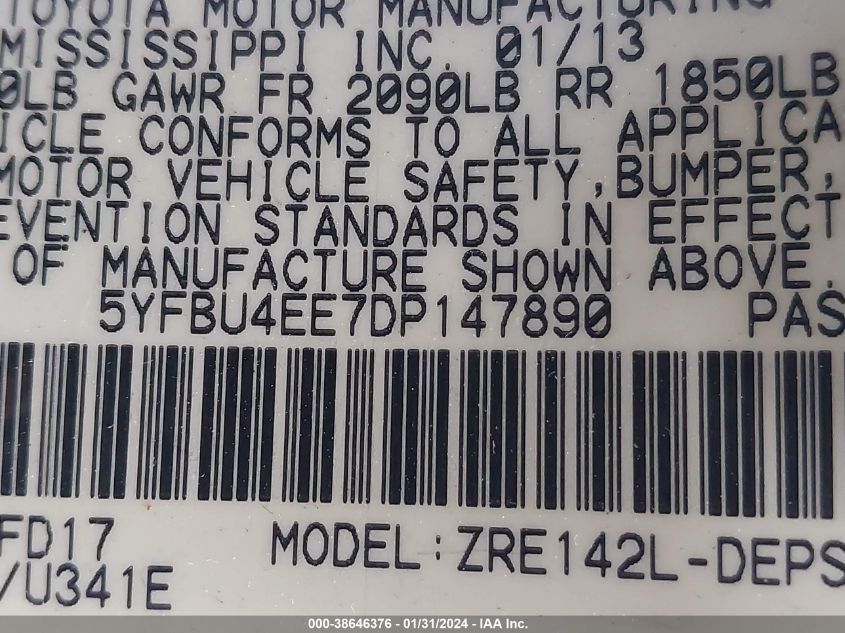 2013 TOYOTA COROLLA S - 5YFBU4EE7DP147890